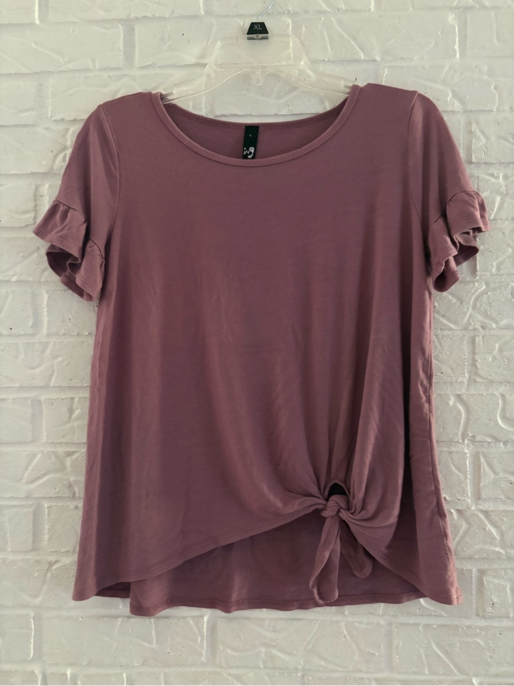 Ing Women’s Knot-Front Short Ruffled Sleeve Top Dusty Mauve Large